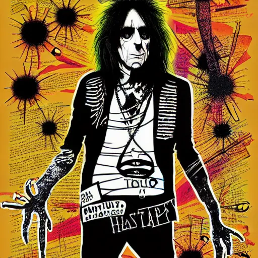 Image similar to graphic illustration, creative design, alice cooper, biopunk, francis bacon, highly detailed, hunter s thompson, mixed media