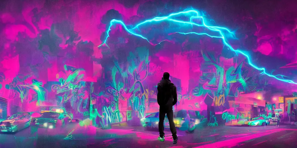 Image similar to rapper silhouetted against psychedelic lightning, silhouettes, digital art, vapor wave, hip hop, graffiti, trending on Artstation, professional artist, detailed, 4k