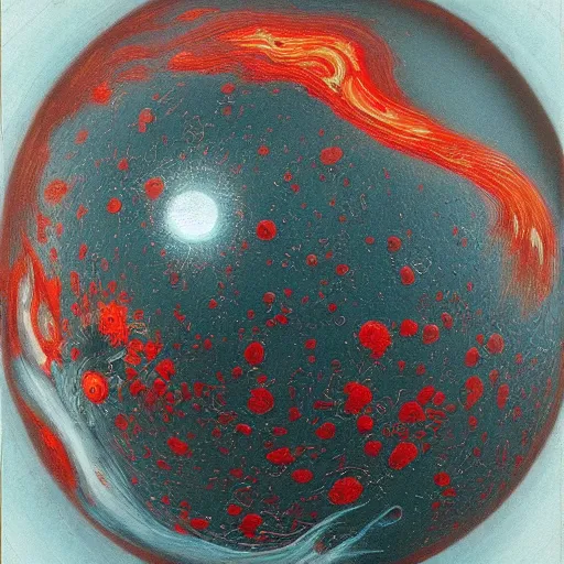 Image similar to a sphere being devoured by abstract splatters of paint in the style of francis bacon, venus being engulfed in flames in the style of james jean, pascal blanche, surreal, beksinski, high detailed