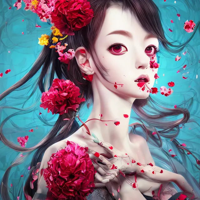 Image similar to studio portrait absurdly beautiful, elegant, graceful, young hypercolorful sensual anime gravure idol rubies and red petals, ultrafine hyperrealistic detailed face illustration by kim jung gi, irakli nadar, intricate linework, sharp focus, bright colors, matte, octopath traveler, final fantasy, unreal engine highly rendered, global illumination, radiant light, intricate environment