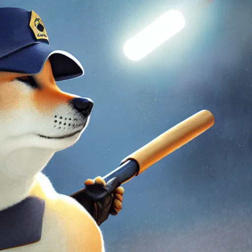 Image similar to shiba inu wearing a police uniform, holding a baseball bat, character design, highly detailed digital art, atmosphere, glow, lens flare, cinematic lightning, hyperrealistic, focused, extreme details, 4 k, ultra detailed, trending on artstation, masterpiece, digital art.