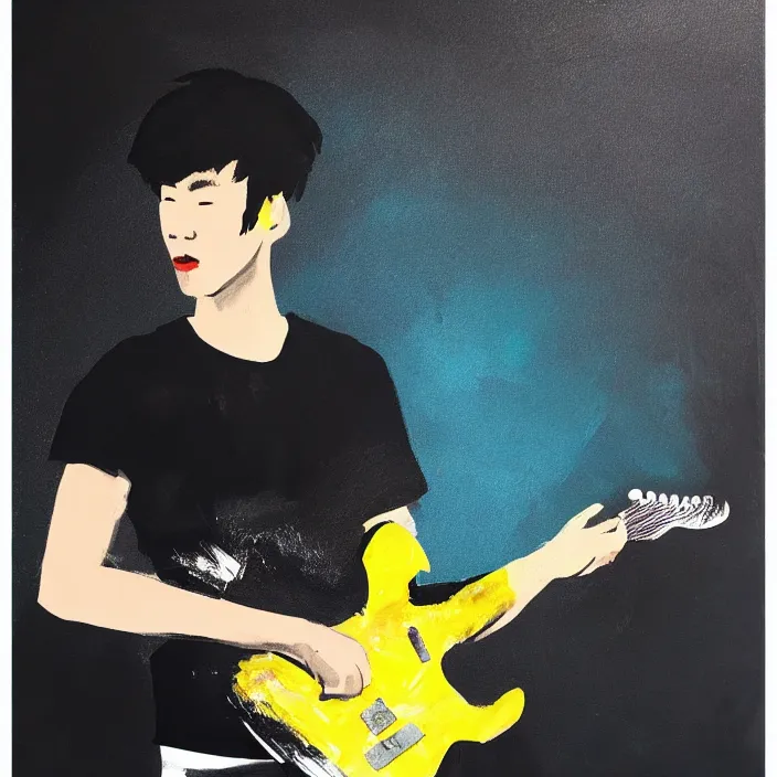 Prompt: minimal brush painting of a young korean man wearing black t shirt holding a telecaster electric guitar!!, dark background, huge dramatic brush strokes, matte colors, abstract, masterpiece, trending on artstation