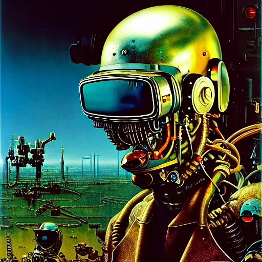 Prompt: junky in fluid acid, cybertronic gadgets and vr helmet, flesh + technology, durty colours, mid shot, rotten textures, rusty shapes, biotechnology, norman rockwell, tim hildebrandt, wayne barlow, bruce pennington, larry elmore, oil on canvas, deep depth field, masterpiece, cinematic composition, hyper - detailed, hd, hdr