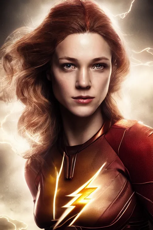 Image similar to Majestic and regal portrait of a female The Flash, DC universe, Perfect face, beautiful, intricate, epic, elegant, menacing, fantasy, highly detailed, digital painting, hard focus, beautiful volumetric lighting, epic light, ultra detailed, by Leesha Hannigan, Ross Tran, Thierry Doizon, Kai Carpenter, Ignacio Fernández Ríos