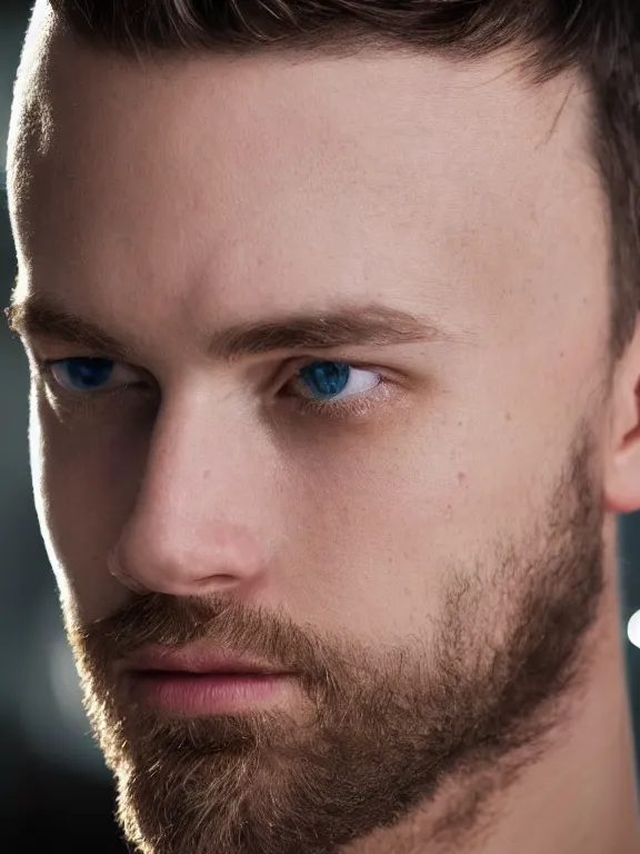 Image similar to 4K HD, high detail photograph, shot with Sigma f/ 4.2 , 250 mm sharp lens, shallow depth of field : (subject= Beautiful man with blue eyes + subject detail= accurate body features, consistent, high detailed light refraction , high level texture render)