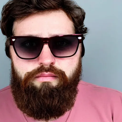 Prompt: a mugshot of a bearded man with brown hair wearing sunglasses in a pink shirt