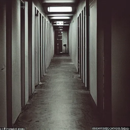 Image similar to noisy color photograph of a retrofuturist liminal space, laboratory, prison, minimalist, cinematic