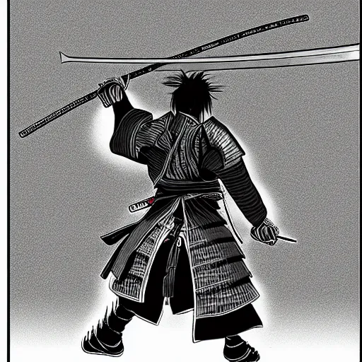 Image similar to A FULL BODY PORTRAIT FROM BEHIND OF A SAMURAI THAT HOLDS 2 KATANAS FROM MANGA VAGABOND, ,detailed, concept art, ink style , sketch black and white colors