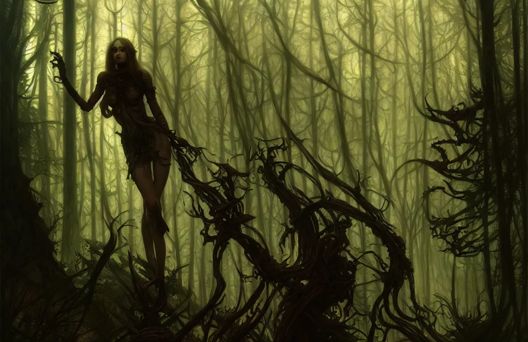 Image similar to inside a dark horror forest, heroic lighting, sci-fi, intricate, elegant, highly detailed, lifelike, photorealistic, digital painting, artstation, illustration, concept art, smooth, sharp focus, art by John Collier and Albert Aublet and Krenz Cushart and Artem Demura and Alphonse Mucha