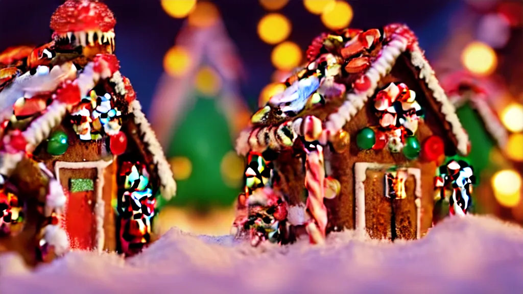 Prompt: closeup of colorful miniature gingerbread house village at night, gingerbread people, candy canes, forest, christmas, snow, bokeh, depth of field 1 0 0 mm, cinematic scene, studio quality, visually stunning, unreal engine, octane render