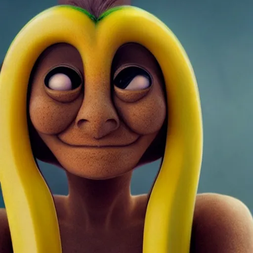 Image similar to an anthromorphoic banana character that has the face of emma stone