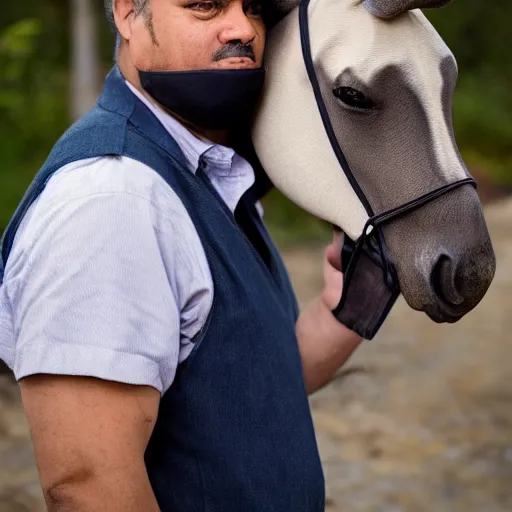 Image similar to man wearing horse head mask on shoulder of man