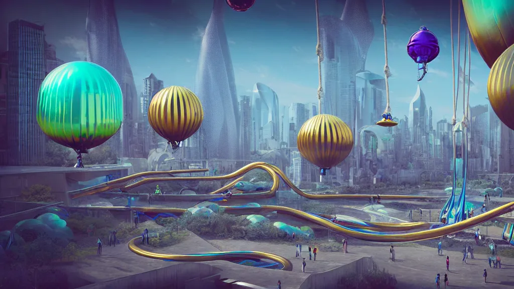 Prompt: large colorful futuristic space age metallic steampunk balloons with pipework and electrical wiring around the outside, and people on rope swings underneath, flying high over the beautiful futuristic city landscape, professional photography, 8 0 mm telephoto lens, realistic, detailed, digital art, unreal engine