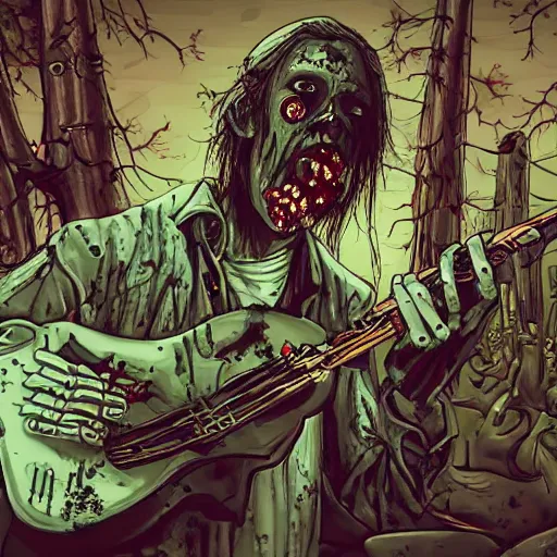 Image similar to zombie musician playing music for the dead, 8k, zombies, skeletons, ghosts, boo, realistic,
