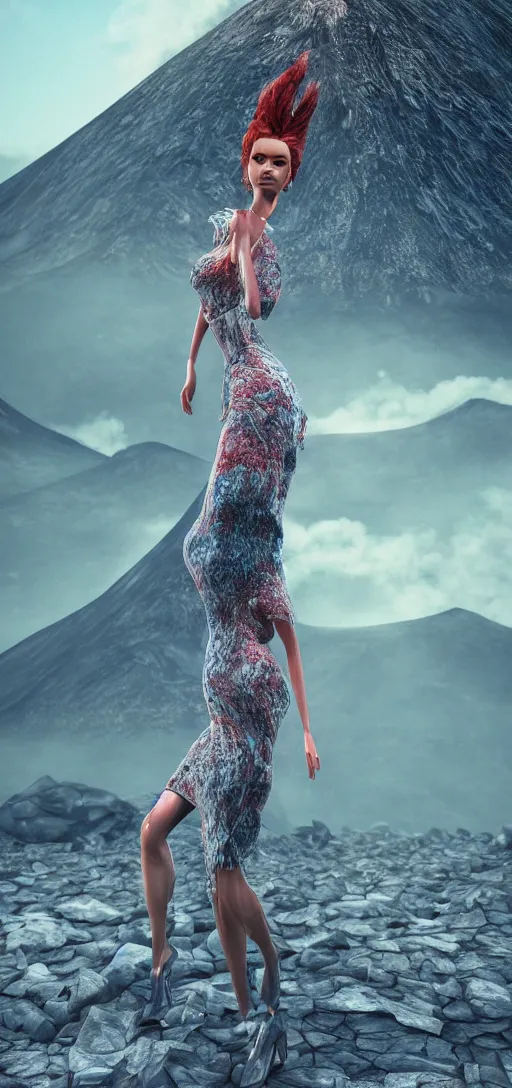 Image similar to a beautiful hyperrealistic ultradetailed 3D render girl in a magnificent dress stands near a volcano, voge photo, fashion style, Annie Leibovitz photostyle, octane render, 3D, brilliantly colored, intricate, wide angle, volumetric lighting, polished, path tracing