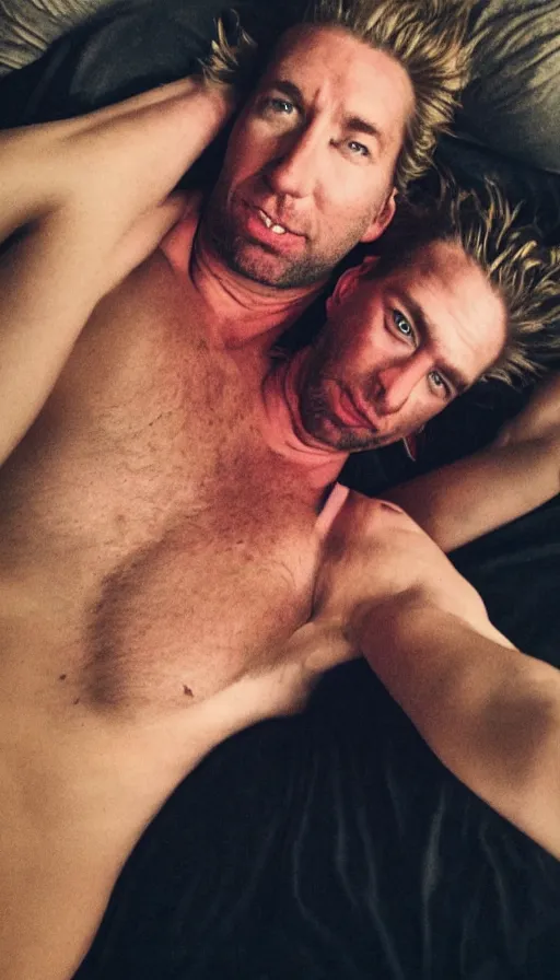 Image similar to chad kroeger snapchat selfie laying in bed with a black tanktop