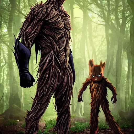 Image similar to batman meets groot in the woods digital art 4 k detailed super realistic