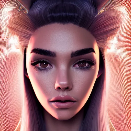 Image similar to detailed portrait, beautiful madison beer, majestic, futuristic, hyper - detailed, stylistic, symmetrical, 3 d render, 8 k, octane render