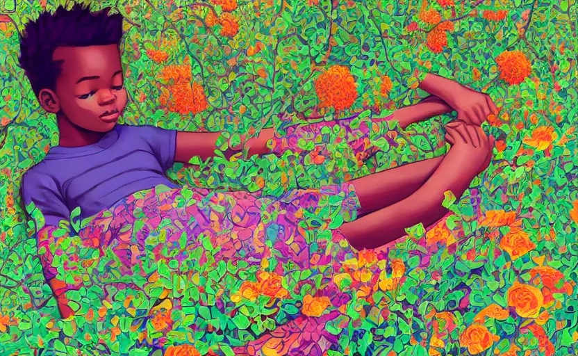 Prompt: african boy lying down in a colourful garden - wrapped in flower vines, art by james jean & hsiao - ron cheng, colourful, sharp, detailed, digital painting, illustration, intricate detail, pinterest, behance, art station,