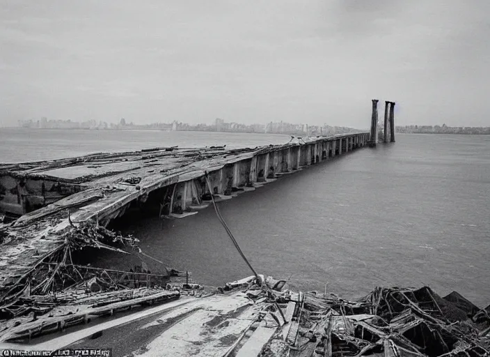 Prompt: grainy futuristic photo of the remains of an enormous broken freeway bridge on the new york coast after the apocalypse ; the bridge leads into the wide ocean