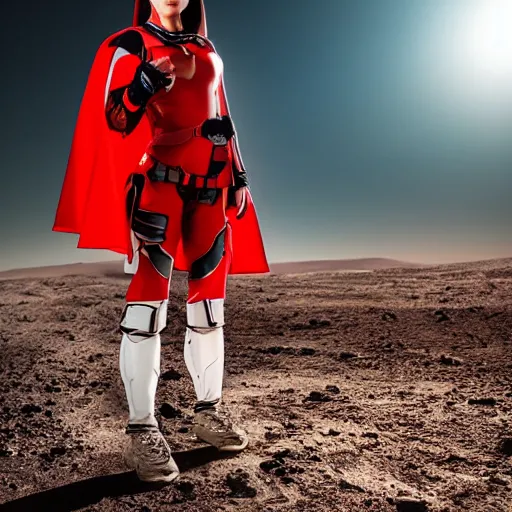 Image similar to portrait of a athletic female soldier in glossy sleek white armor with tiny red details and a long red cape, heroic posture, on the surface of mars, night time, dramatic lighting, cinematic, sci-fi, hyperrealistic