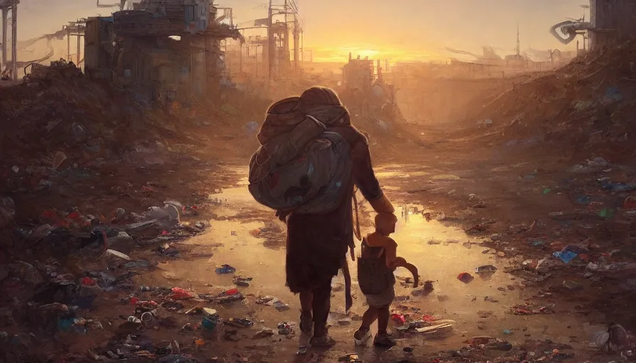 Prompt: poor detailed child with backpack looking for food at garbage dump, city is pure wasteland, sunset in background, greg rutkowski, alphonse mucha, trending on artstation, artgerm, breathtaking, sharp focus, smooth, mark arian, award winning, highly detailed 4 k art