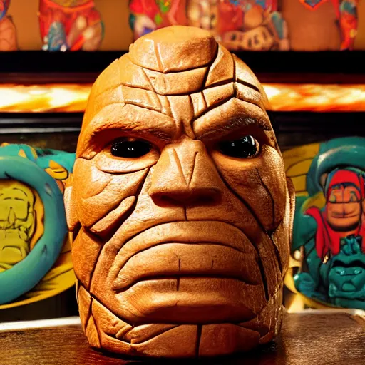 Image similar to a closeup photorealistic photograph of ben grimm's face on a tiki mug at trader vic's restaurant. fantastic four. tiki culture. bright scene. fine detail. this 4 k hd image is trending on artstation, featured on behance, well - rendered, extra crisp, features intricate detail, epic composition and the style of unreal engine.