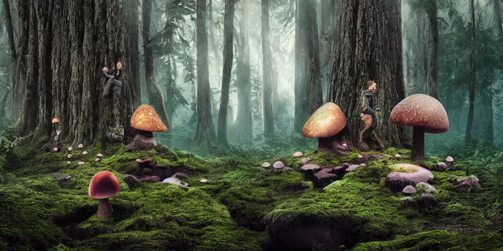 Image similar to Photo by Filip Hodas of the cinematic view of the Forest of the Giants, a troll is eating a giant mushroom, photorealism, photo taken with canon 5D