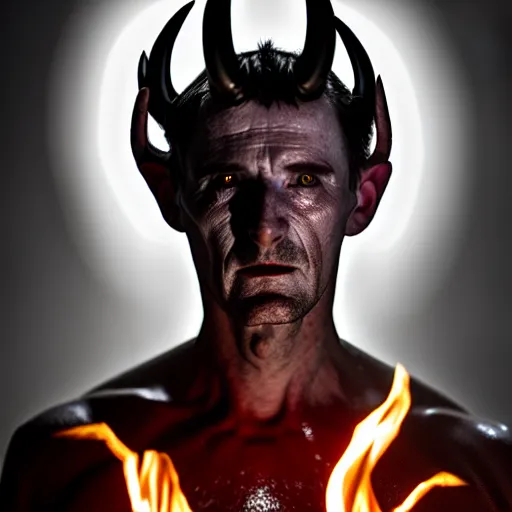 Image similar to photorealistic, iso - 4 0 0, canon eos 5 d mark iv, shot on 7 0 mm, portrait of male archangel bellringer form lexx by lee jeffries and platon silveed skin, flame halo ring over head, demonic, horns, fangs, nd 4, perfect studio lighting