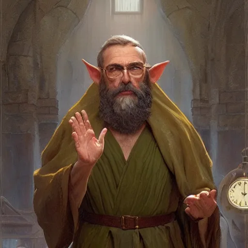 Image similar to A middle aged elf, wrinkled olive skin, brown hair and a raised hand, long beard, blue robes with clocks on, detailed face, highly detailed, cinematic lighting, digital art painting by greg rutkowski.