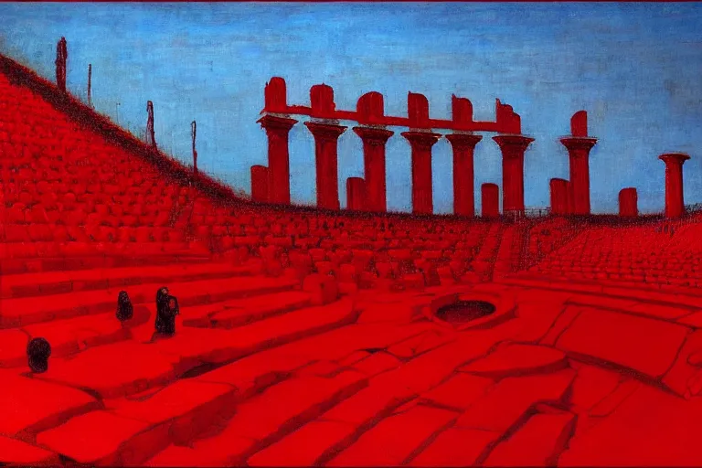 Image similar to only with red, a red great emperor, taormina amphitheatre, crowd with big smile, in the style of beksinski, parts by edward hopper, parts by rodcenko, parts by yue minjun, intricate and epic composition, red by caravaggio, insanely quality, highly detailed, masterpiece, red light, artstation, 4 k