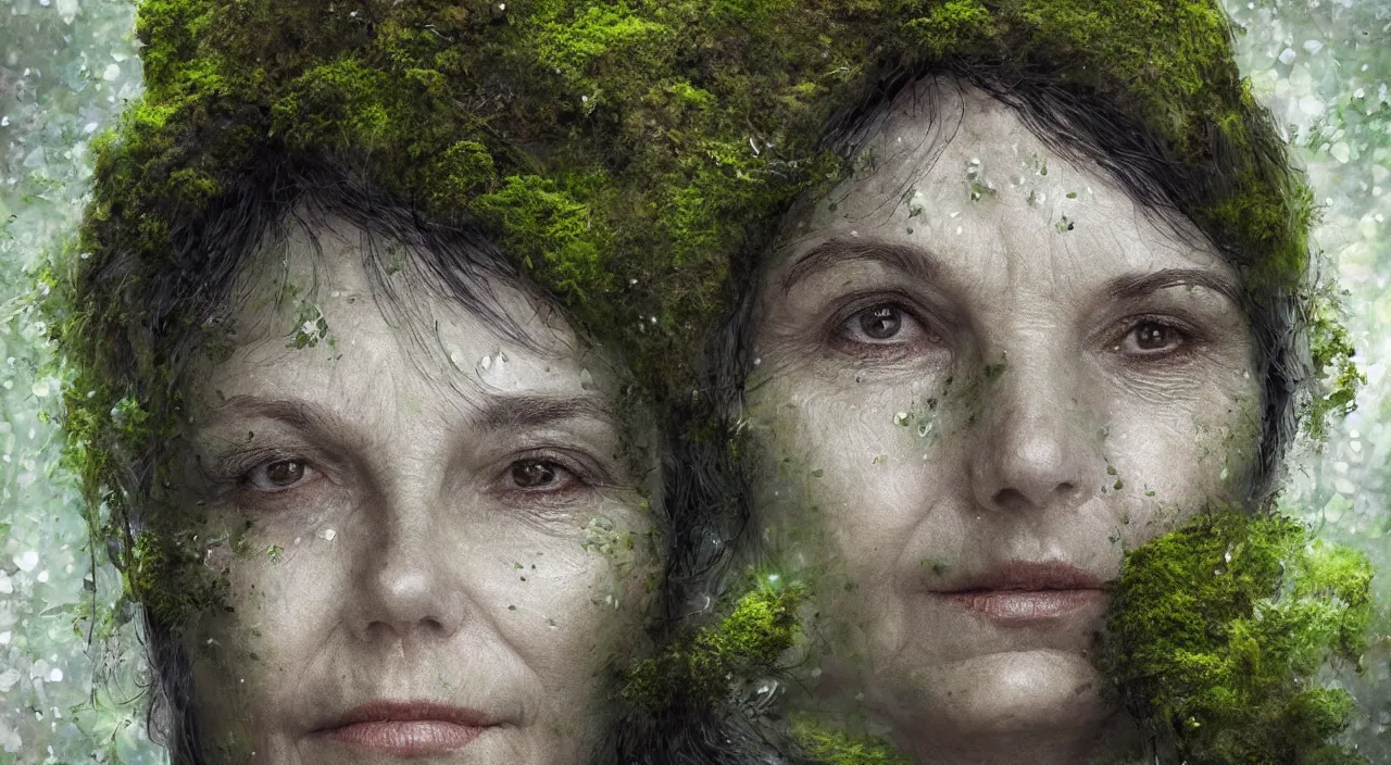 Image similar to Centered portrait of one single moss-covered 65 year-old Gaia goddess with a tear running down her cheek, highly-detailed, elegant, dramatic lighting, artstation, 4k