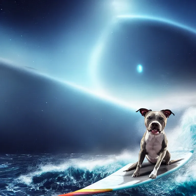 Image similar to photo of a gray coat pit bull with white paws, surfing on a surfboard in a crashing wave of alien ocean in space, background is an alien galaxy, aliens in the background, alien colors, octane render, unreal engine, wide view, 8 k, high detaild