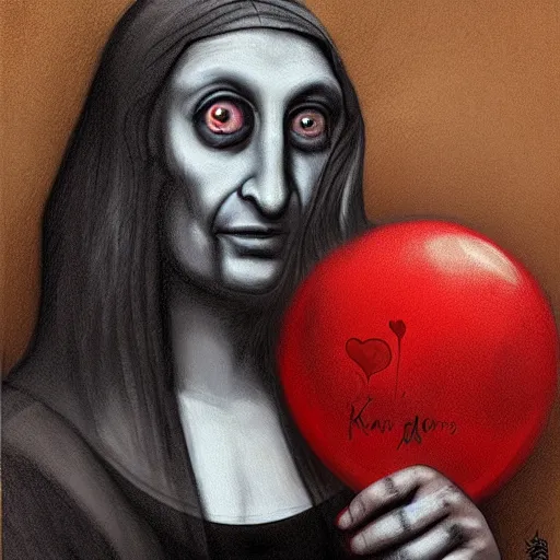 Image similar to surrealism grunge cartoon portrait sketch of raven with a wide smile and a red balloon by - michael karcz, loony toons style, mona lisa style, horror theme, detailed, elegant, intricate