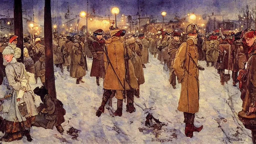 Image similar to russian revolution dieselpunk 1 9 1 0, dusk, drama, painting by carl larsson