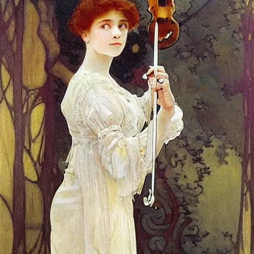 Image similar to A young edwardian woman wearing a white dress, holding a violin in her hands, in the style of mucha