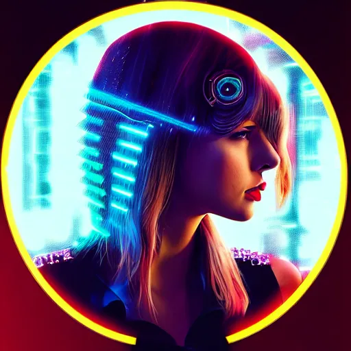 Image similar to a cyberpunk style album cover for a Taylor Swift electro pop album