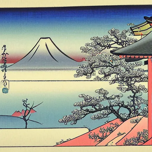 Prompt: A Japanese temple with snow-capped mountains in the background and a cherry tree in the foreground in Hasui Kawase's style, Ukiyo-e