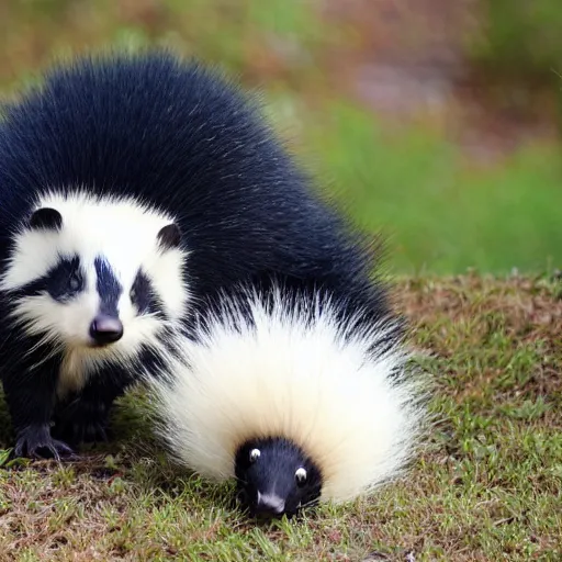 Prompt: small dark blue skunk with yellow eyes and large albino skunk with red eyes