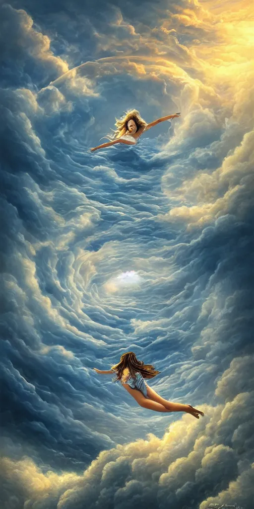 Image similar to symmetry!! she is falling from heaven, heavenly landscape, swirling clouds, serene, peace, very detailed, perfect composition, perfect lighting, 4 k, tim white, artgerm