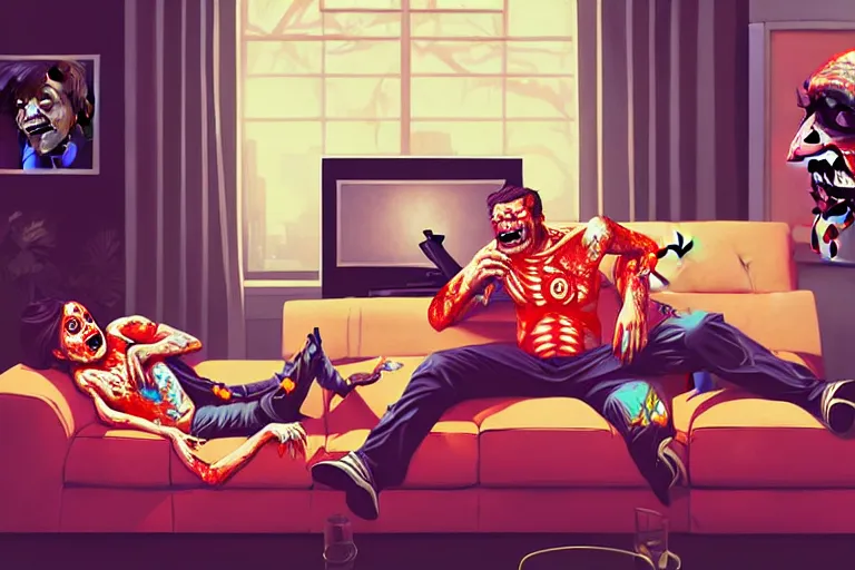 Image similar to a zombie dad sitting on the couch and watching tv, tristan eaton, victo ngai, artgerm, rhads, ross draws