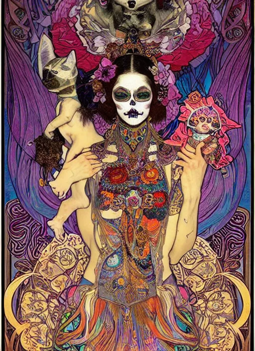 Prompt: psychedelic poster art of a cute punk goth fashion fractal Día de los Muertos tattooed girl holding a sphynx by Victor Moscoso Rick Griffin Alphonse Mucha Gustav Klimt Ayami Kojima Amano Charlie Bowater, masterpiece