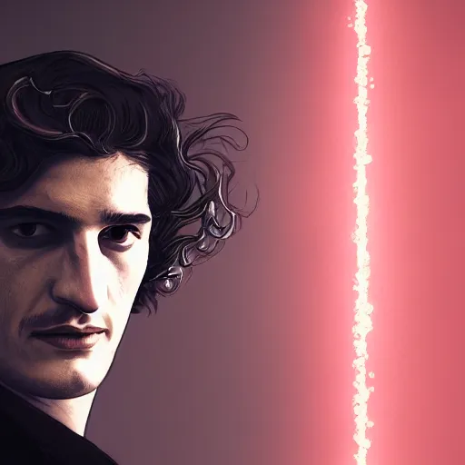 Prompt: louis garrel portrait, arcane netflix, arcane vi, arcane jinx, concept portrait, riot, acrace catoon, detailed expression, high quality, cinematic lighting, fantasy, reflective, spotlight, digital artwork