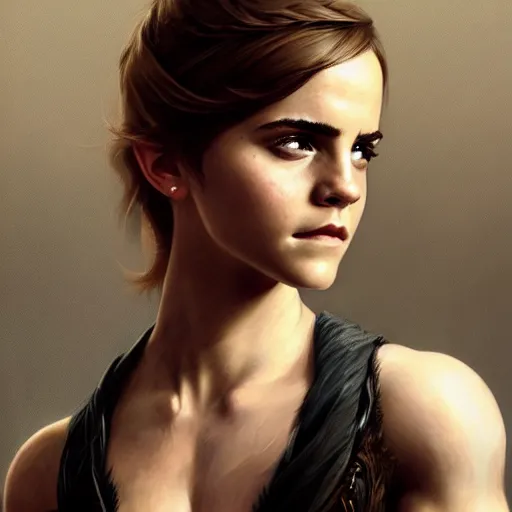 Image similar to portrait of emma watson, muscular upper body, fantasy, intricate, elegant, highly detailed, digital painting, artstation, concept art, matte, sharp focus, illustration, art by aenaluck and roberto ferri and greg rutkowski, epic fantasy, digital painting