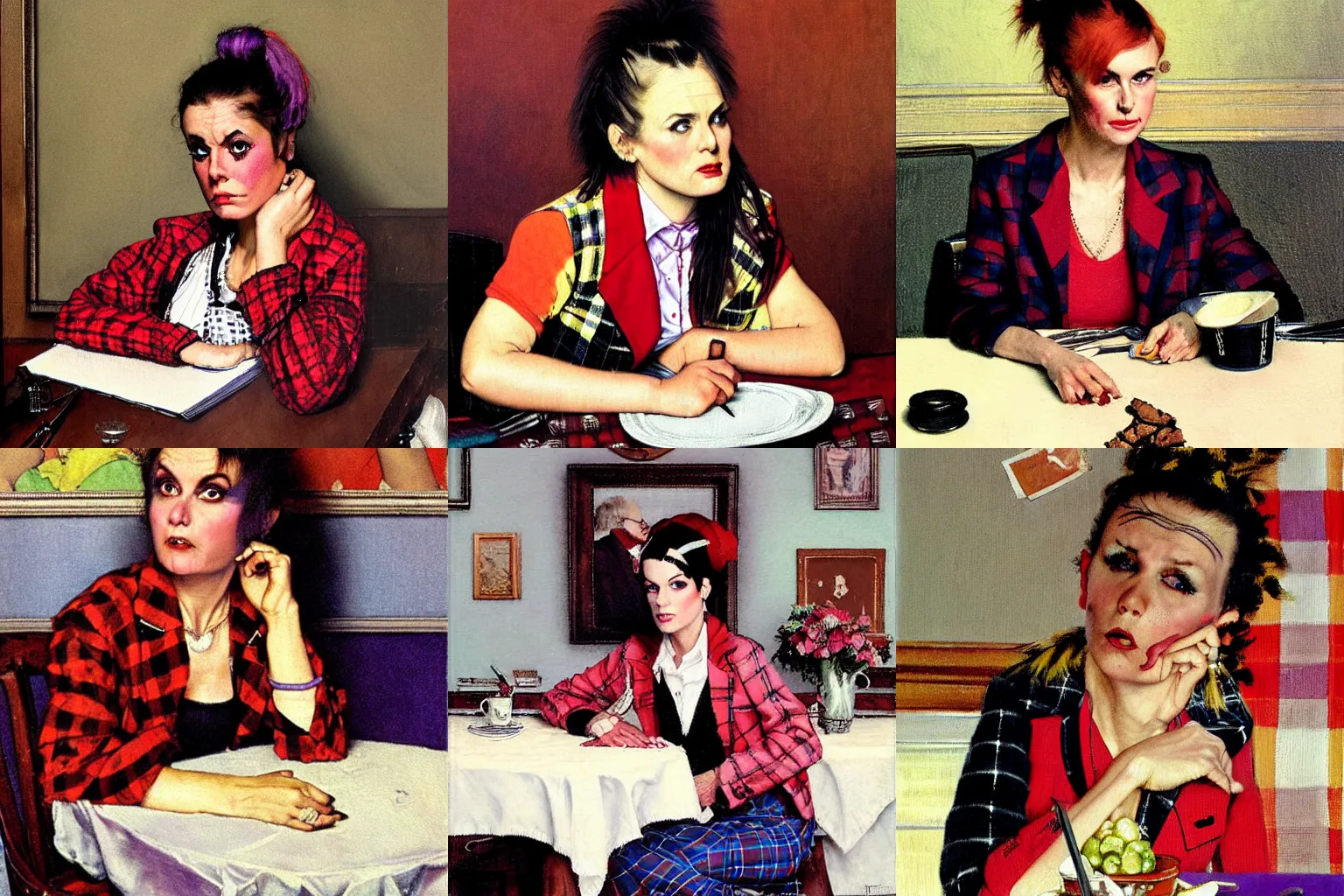 Prompt: A small, irritated punk woman, dressed in a plaid blazer over a red shirt, a high ponytail, and heavy purple eyeshadow, leans against a table and looks up with disdain. Painting by Norman Rockwell.