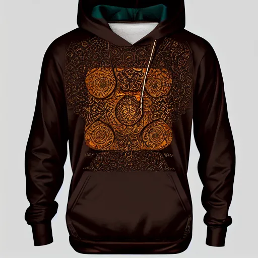 Image similar to batik, hoodie, dark brown, trendsetter, fashion of the year, fiction, stability, intricate, elegant, 8 k, uhd, justify, artstation, concept art, matte, sharp focus, illustration, consistent, highly detailed object content, proportional object content