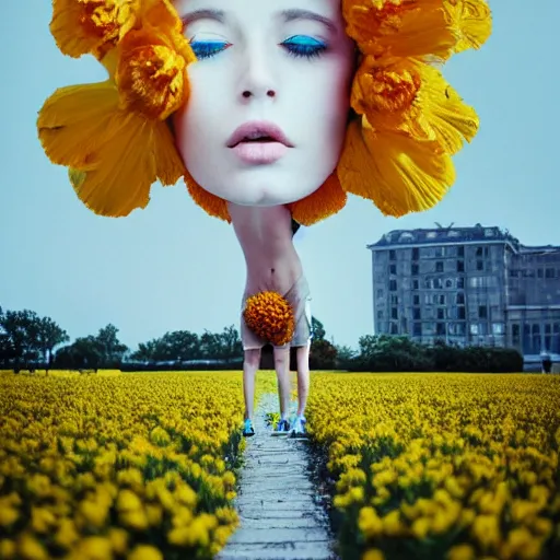 Image similar to giant flower head, woman walking, surreal photography, cinematic, symmetry, flat space, fanciful, bright, detailed, wes anderson