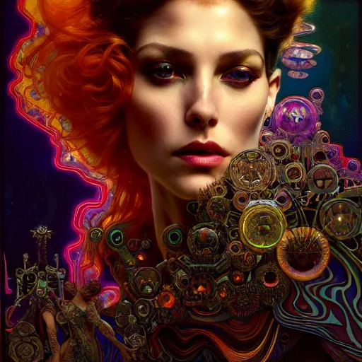 Image similar to extremely psychedelic beautiful cyborg queen of lsd. intricate, elegant, highly detailed, extremely lifelike photorealistic digital painting, artstation. steichen, gaston bussiere, tom bagshaw, cyberpunk alphonse mucha. dark pallet, melancholy. anatomically correct in every way. sultry. sharp focus. soft light. very very lifelike