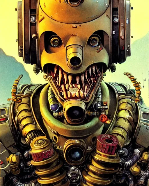 Image similar to junkrat from overwatch, slight smile, character portrait, portrait, close up, concept art, intricate details, highly detailed, vintage sci - fi poster, retro future, in the style of chris foss, rodger dean, moebius, michael whelan, and gustave dore