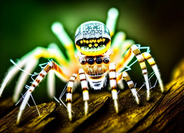 Image similar to macro portrait of a crystal spider in the forest. Fantasy magic style. Highly detailed 8k. Intricate. Nikon d850 300mm. Award winning photography.